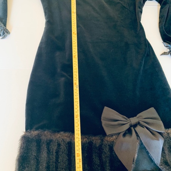 Black coton velvet mini prom party Dress fur boat neck fur hemline big satin bow - Picture 14 of 16